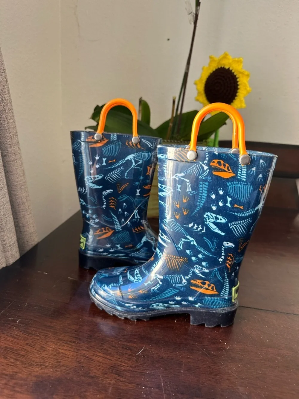 Western Chief Navy & Orange Dino-Print Kids Rain Boots